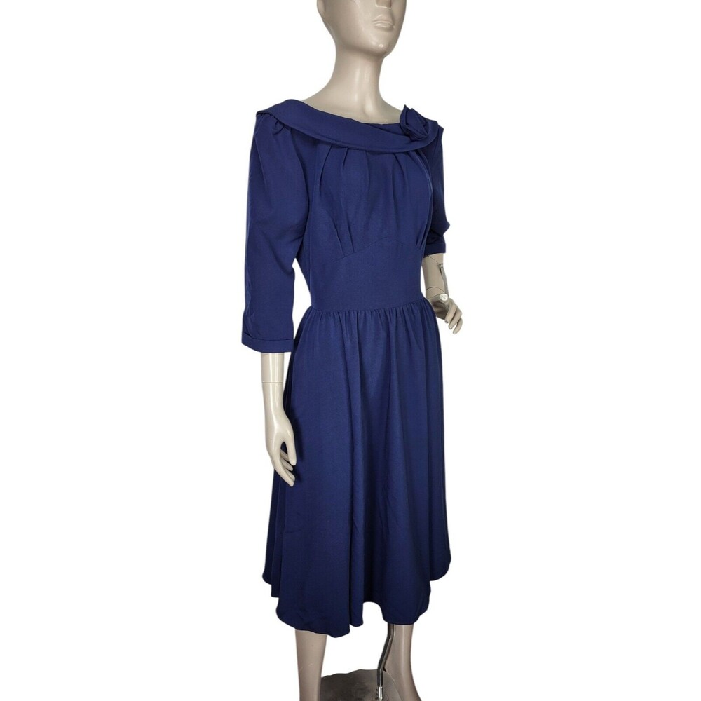 Stop Staring Alicia Estrada Retro Pinup Fit & Flare Navy Blue Midi Dress 10 NWT
